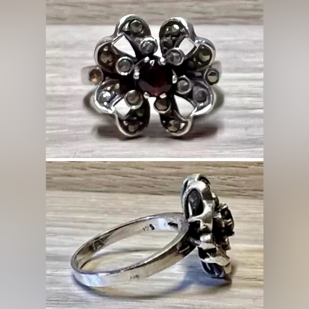 Vintage Handmade Sterling Silver Red Garnet & Marcasite Flower Ring, Size 7.75